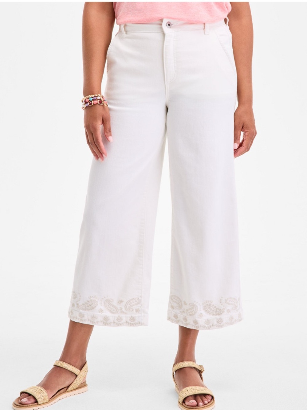 White Cropped Wide Leg Jeans with Subtle Embroidered Hem Classic NWT